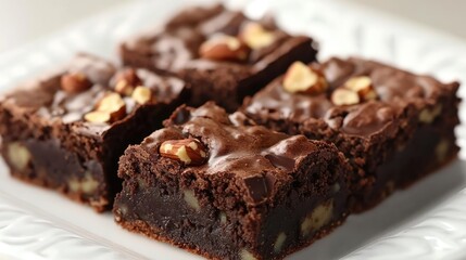 Delicious walnut brownies topped with chopped nuts and chocolate on a white ceramic plate showcasing rich brown textures and garnishes.