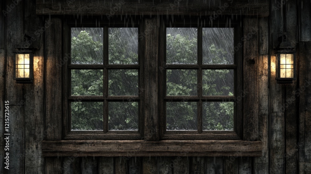 Poster cozy wooden window view during rain with greenery outside creating a peaceful and nostalgic atmosphe