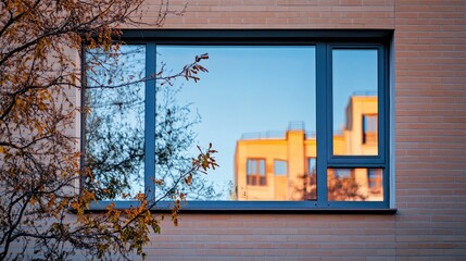Reflection of modern building in glass window framed by autumn leaves on a brick wall showcasing selective focus on the architecture.