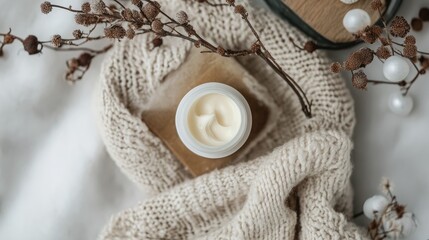 Cozy winter hand cream displayed on a knitted scarf with decorative twigs and snow-white beads for a seasonal skincare aesthetic.