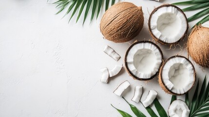 Coconuts with segments and green palm leaves arranged on a white surface, highlighting the textures and colors of the fruit.
