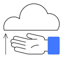 Cloud with uplift arrow and open hand in blue sleeve. Ideal for technology, data storage, cloud computing, rising opportunities, support, digital transformation, innovation. Line metaphor
