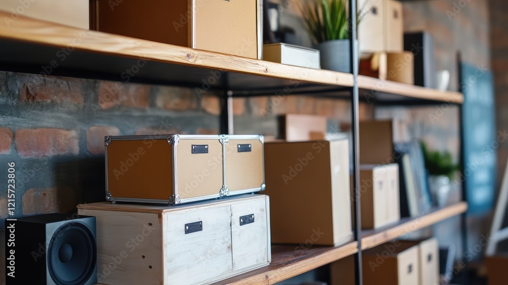 Poster stylish wooden shelves displaying neatly organized storage boxes and a speaker against a rustic bric