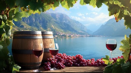 Wine barrels and glasses with fresh grapes overlooking a serene lake and mountains in a picturesque vineyard setting