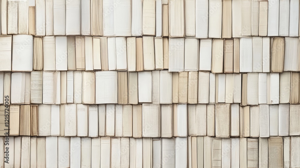 Aufkleber textured wall of white and beige bookshelves stacked with blank spines creating a minimalist and org