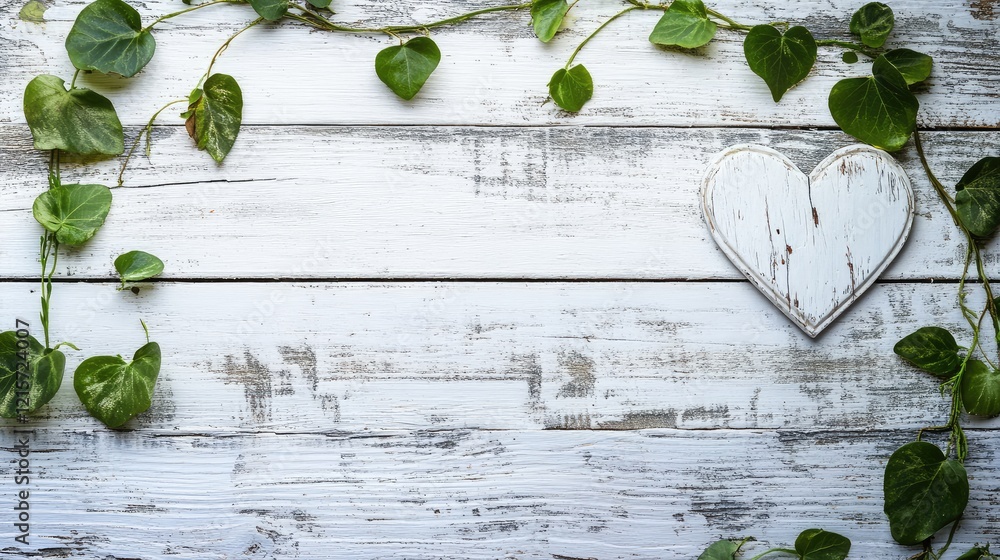 Aufkleber rustic white wooden background with heart shaped green leaves creating a natural frame and space for
