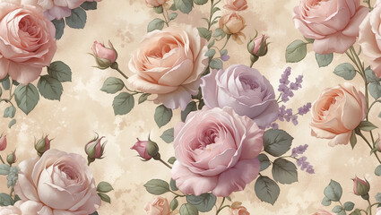 Romantic pastel roses background with elegant floral seamless pattern design