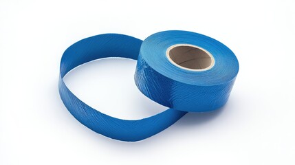 Blue Wall Mounting Tape Roll with Loose End on Clean White Background for Adhesive Applications and DIY Projects.