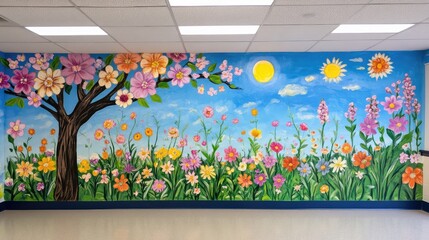 Vibrant wall mural featuring colorful flowers and a sun in a kindergarten classroom setting, bright blue sky, and cheerful atmosphere.