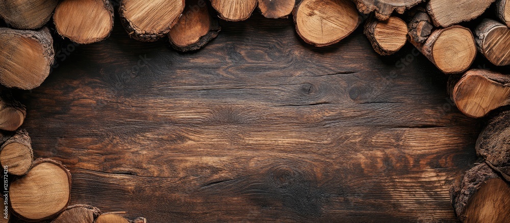 Poster rustic wooden background featuring assorted timber logs arranged on dark wooden surface with empty s