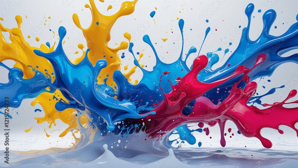 Poster dynamic paint splash with vibrant yellow, blue, and red colors creating a vivid display