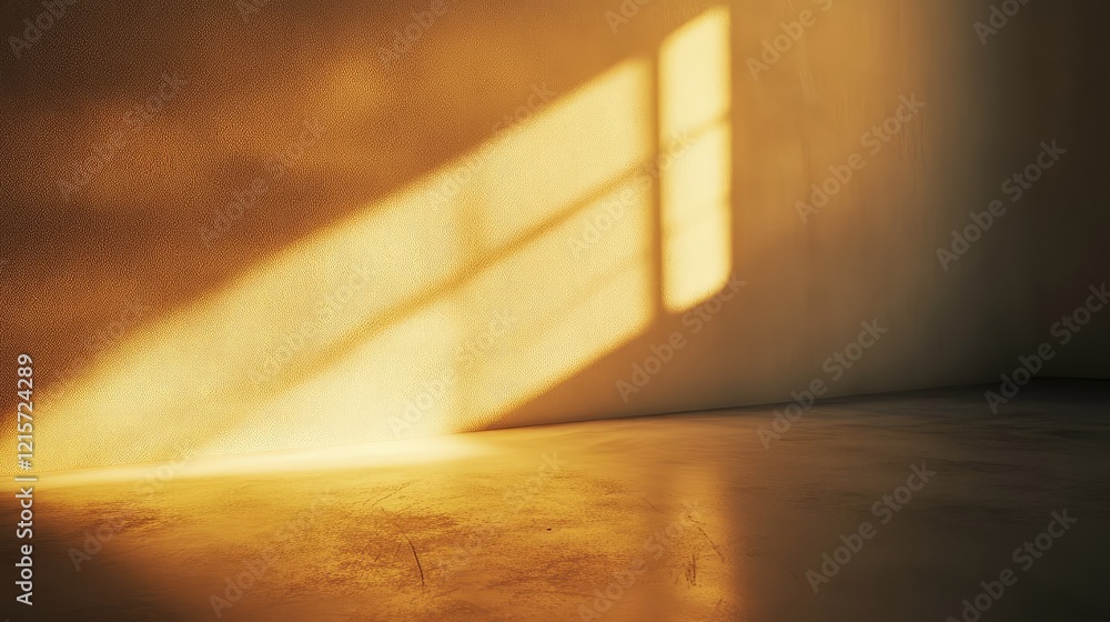 Poster warm golden wall casting soft rays of sunlight in a minimalist empty space with smooth concrete floo