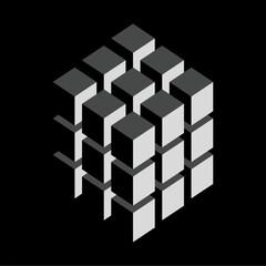 Obraz premium Abstract 3D geometric cube arrangement with floating elements, minimalistic dark background. Perfect for tech, modern art, and futuristic designs