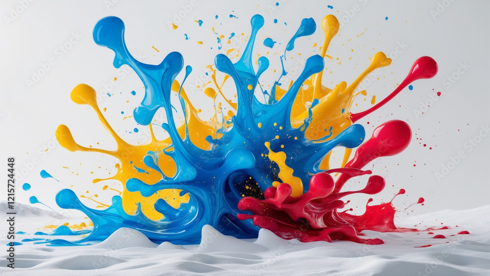 Poster vibrant paint splashes on a white snowy surface creating a dynamic abstract display