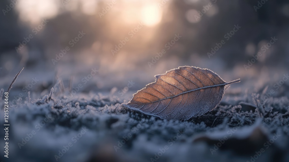 Poster frosted winter birch leaf resting on the ground with delicate ice crystals and soft sunlight in the 