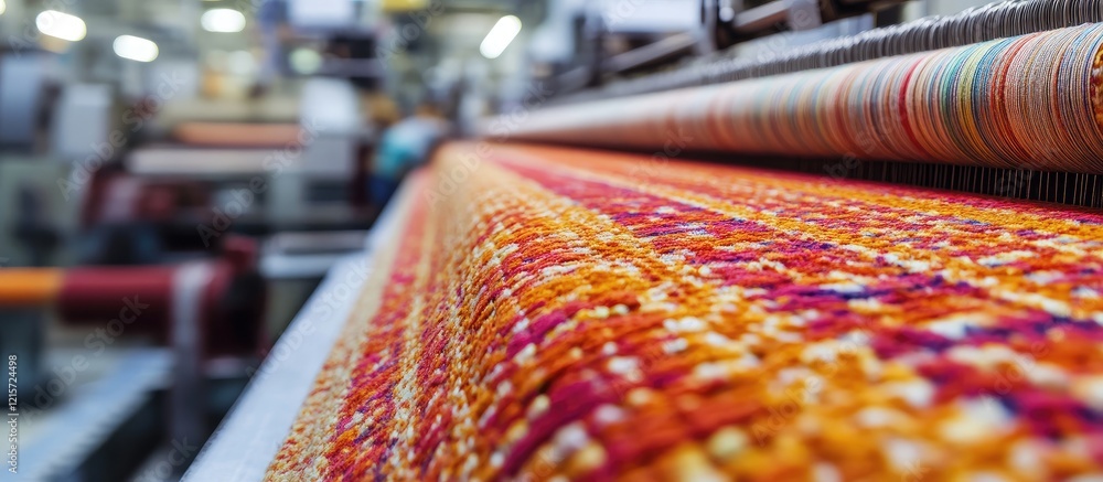 Aufkleber vibrant multicolored carpet weaving process in a factory setting with text space and industrial back