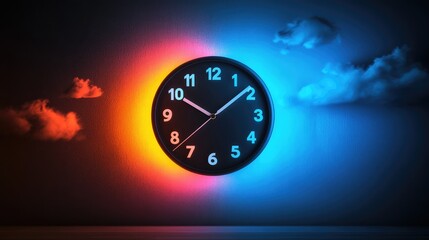 Colorful Wall Clock Displayed at 4 PM Surrounded by Sunset Shades of Blue and Orange Representing Day and Night Concepts of Time Management