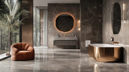 Luxurious Modern Bathroom Interior with Elegant Marble Walls and Floors featuring Round Backlit Mirror and Stylish Copper Bathtub in Natural Light