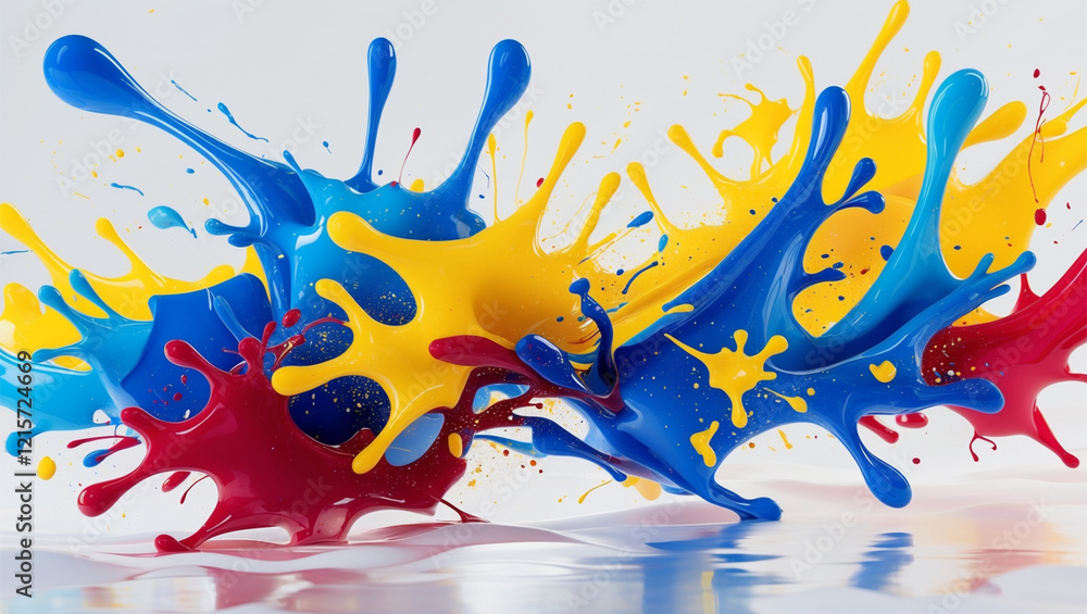 Poster dynamic splash of primary colors in abstract paint design with reflective surface