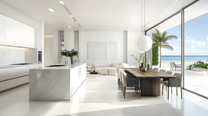 Dining space with modern furniture, bathed in natural light from large windows.