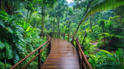 Serene Wooden Path Curving Through Lush Green Tropical Forest Surrounded by Vibrant Foliage and Ethereal Mist in Natural Landscape