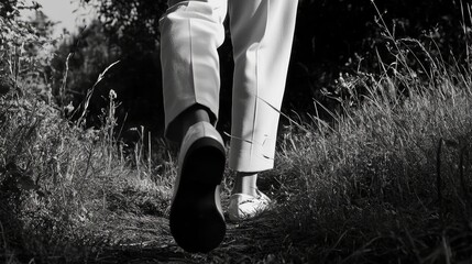Elegant solitary footstep in lush green countryside pathway surrounded by tall grasses and soft sunlight highlighting textures in black and white.