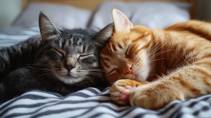 Peaceful Morning Scene with Gray and Ginger Cats Sleeping Together on Soft Striped Bedding in a Warm, Natural Light Environment