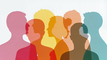 Abstract silhouette art of diverse human profiles in colorful overlay, symbolizing unity, diversity, equality, and inclusion.