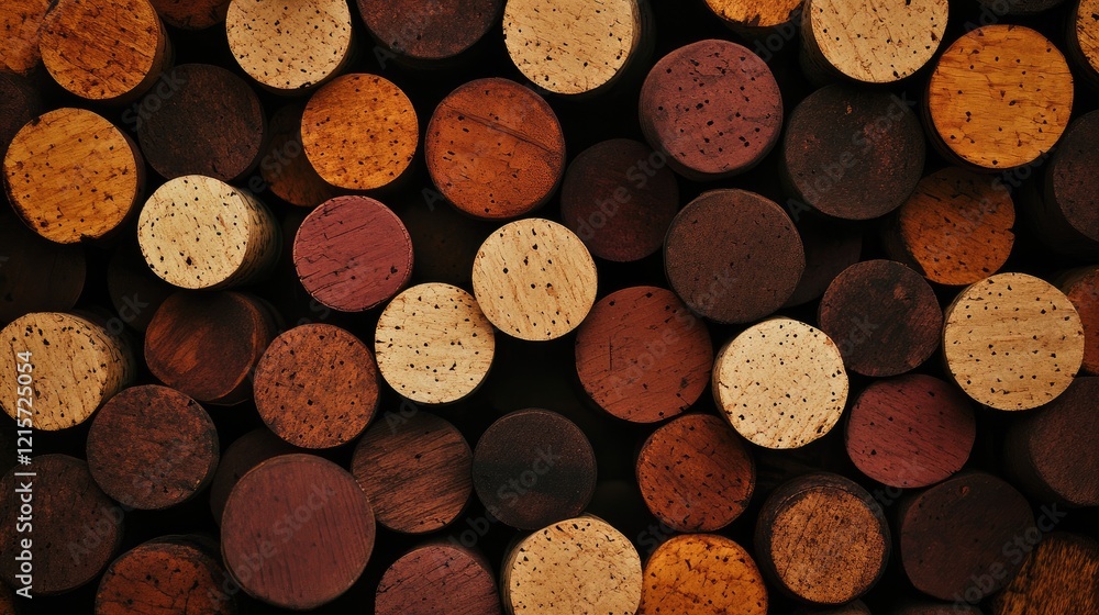 Poster wine corks arranged in a pattern on wooden surface showcasing diverse textures and colors ideal for 