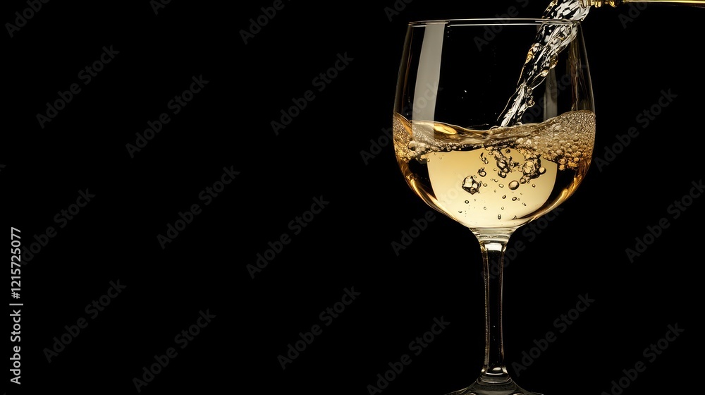 Poster elegant white wine pouring into a transparent glass creating bubbles against a sleek black backgroun