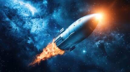 Fototapeta premium Advanced Rocket Launching into Outer Space with Bright Flame Against a Nebula Background in Deep Space Imagery