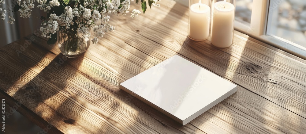 Poster elegant magazine mockup on a rustic wooden table with candles and soft shadows ideal for presenting 