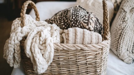 Obraz premium Woven beige basket filled with cozy knitted throws and decorative pillows on a soft white sofa in a warm indoor setting.