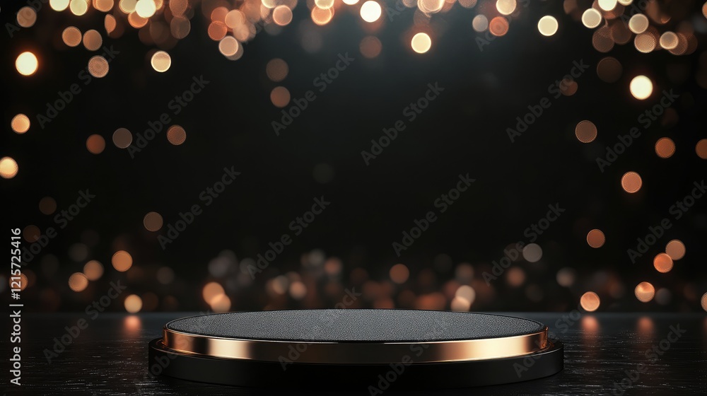 Poster elegant product podium on black table with soft glowing bokeh lights ideal for showcase and advertis