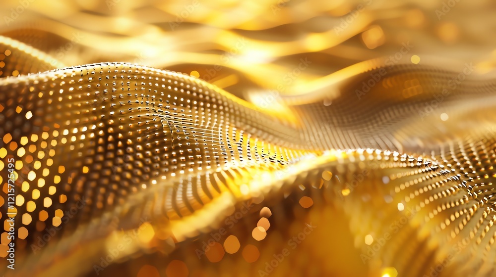 Poster golden waves of flowing metal. 3d rendering of a shiny futuristic surface.
