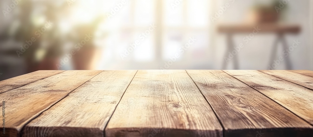 Poster rustic brown wood table with whitewashed surface offering ample empty space for text, soft natural l