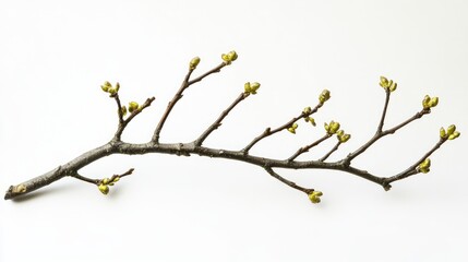 Winter branch featuring emerging buds isolated on a clean white background highlighting early signs of spring's arrival.