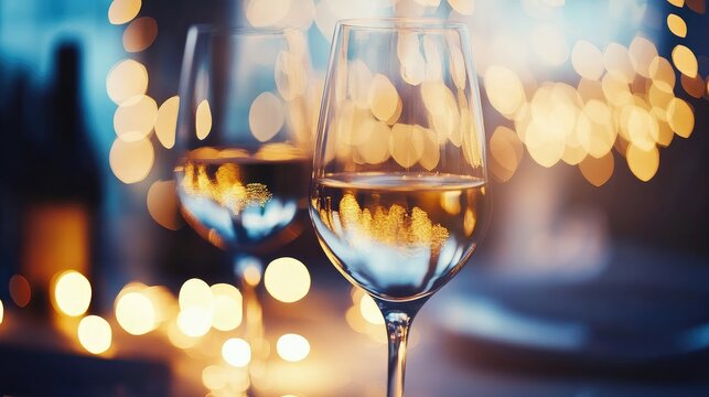 Elegant corporate networking event with sparkling wine glasses on a softly lit table, creating a sophisticated atmosphere for professional connections.