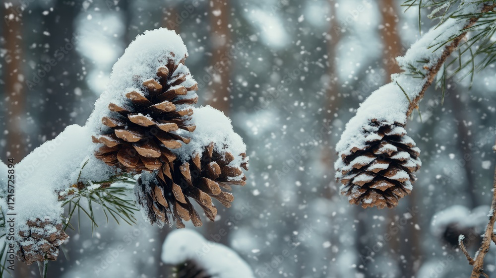Poster snow-covered pine cones on winter branches in a serene forest scene with falling snowflakes creating