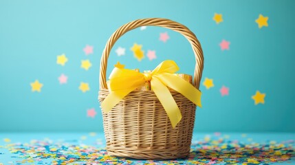 Colorful presents in a white wicker basket tied with a yellow ribbon surrounded by vibrant star confetti on a blue background.