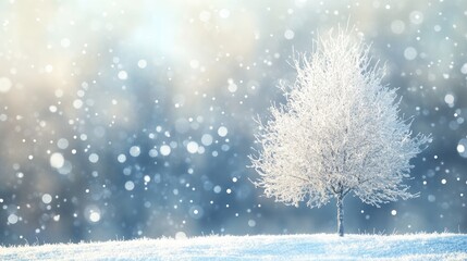 serene winter landscape featuring a frosty tree with snow and soft bokeh background creating a peaceful atmosphere