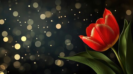 Happy Women's Day greeting card design featuring a red tulip on a dark bokeh background perfect for conveying lovely congratulations