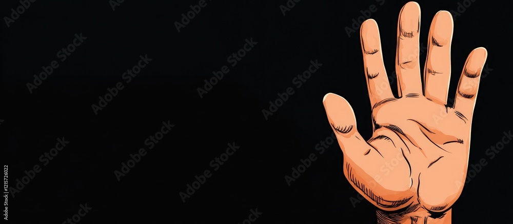 Poster cartoon character illustration of a palm hand against a solid black background with ample empty spac