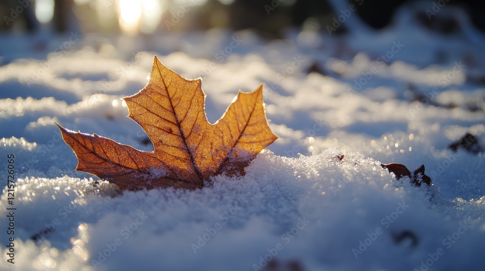 Poster autumn leaf resting on fresh snow signaling the transition from fall to winter in a serene natural s