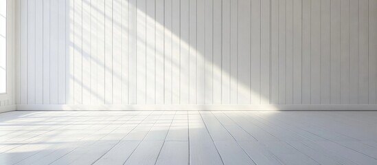 Obraz premium Bright Minimalist White Wooden Wall Backdrop with Soft Shadows Ideal for Product Photography and Promotional Use in Studio Environment