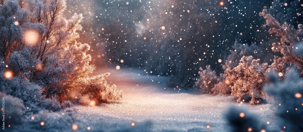 Poster enchanting winter landscape featuring falling snow and soft fairy lights with ample space for person