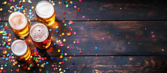 Carnival Parade Craft Beer Celebration with Colorful Confetti on Rustic Wooden Table in Warm Amber and Golden Hues with Empty Copy Space