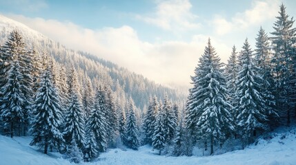 Obraz premium Snow-covered coniferous forest in mountainous terrain with fir trees under a serene winter sky and soft sunlight reflecting on snow.