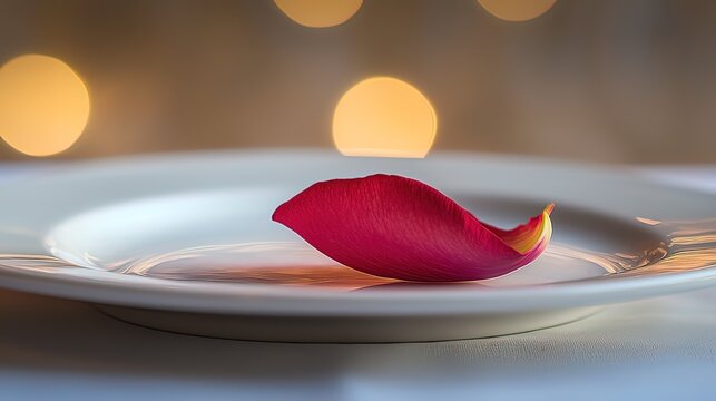 Single red rose petal on a white plate, bokeh background.