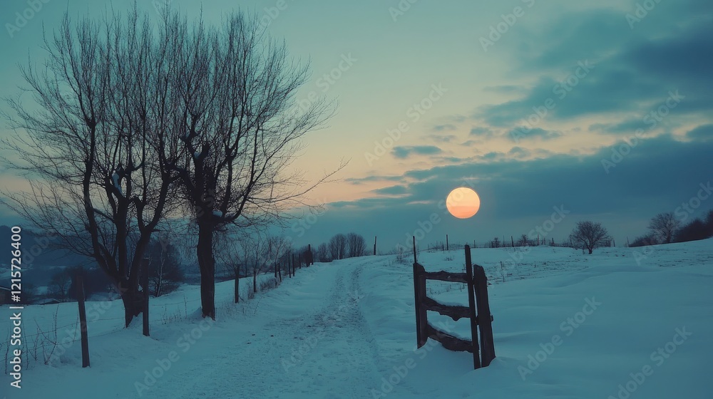 Poster serene winter landscape at dusk with trees and a setting sun over a snowy path in a tranquil rural s